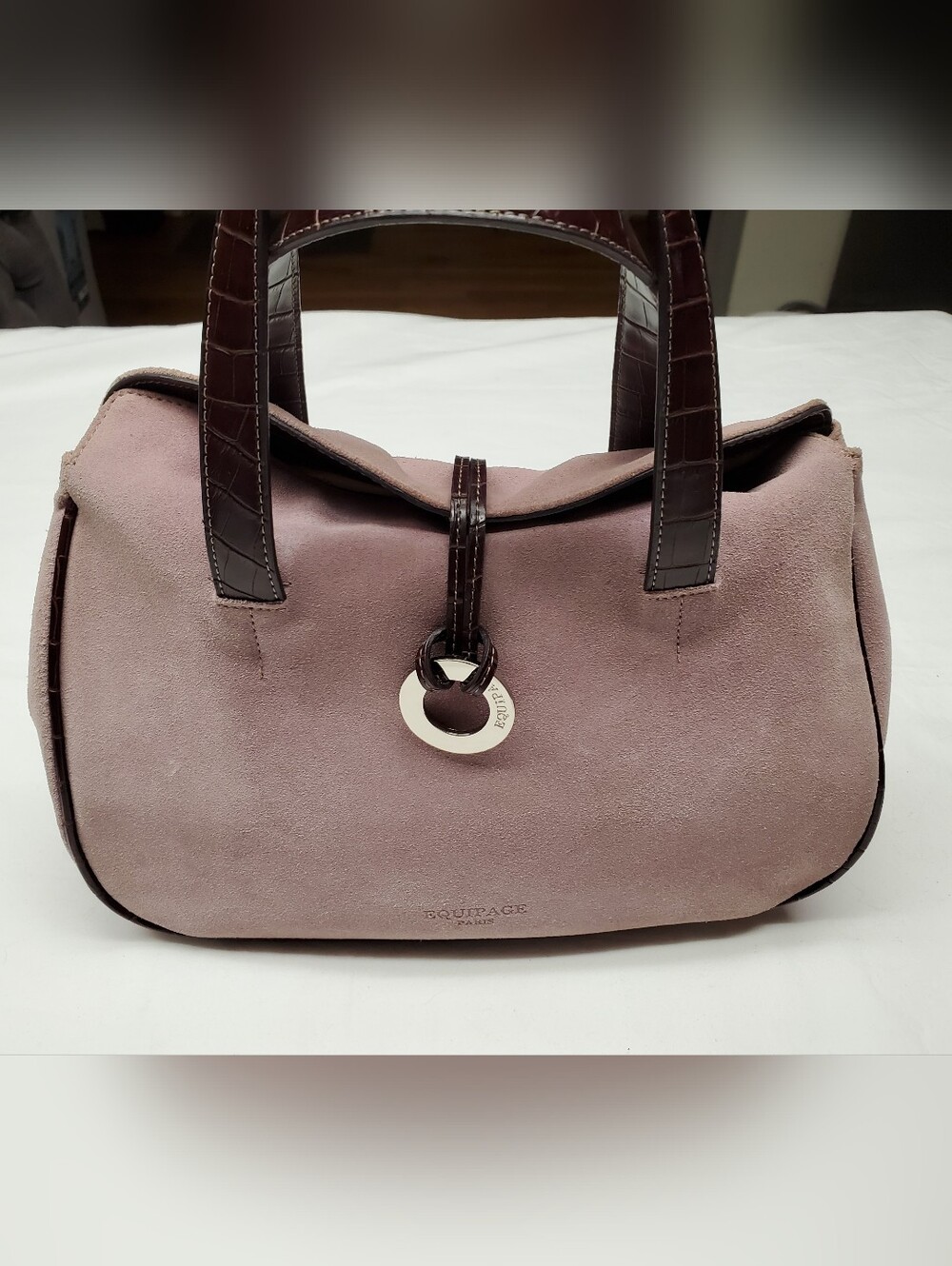 Equipage Paris Suede Mini Handbag Mauve Croc Embossed Handles Logo Hardware